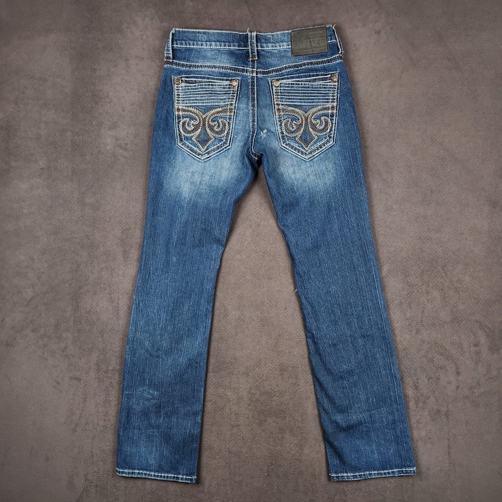 Affliction Ace Jeans Mens 30 Blue Distressed Heavy Stitch Embroidered 110SS226